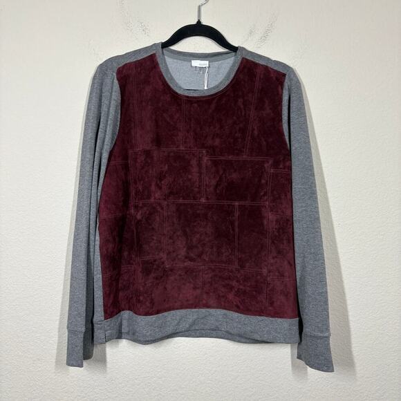 ecru Tops - Ecru Large Suede Front Sweatshirt Burgundy Colorblock Crew Neck Pullover